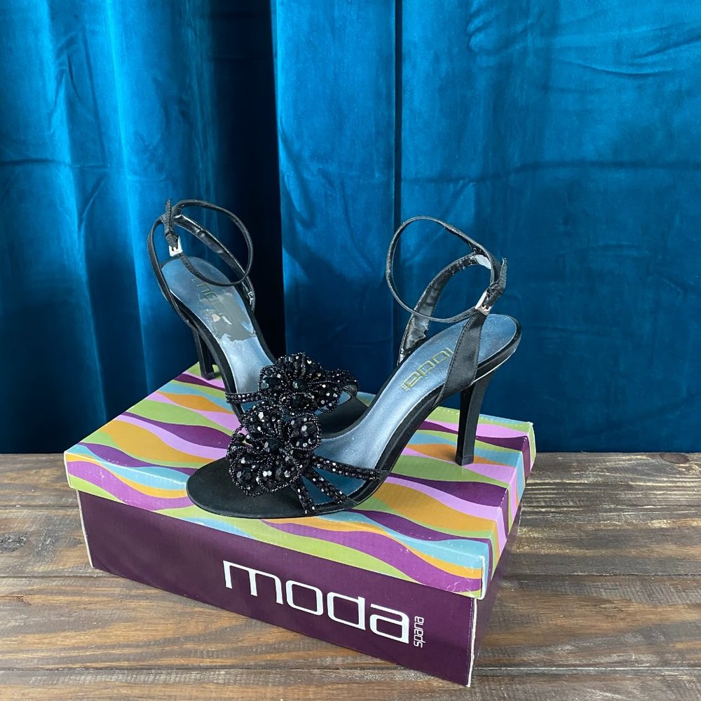 Moda Spana Beaded Black Ankle Strap Heels Sandal - Picture 3 of 8